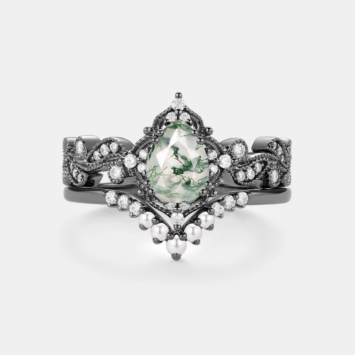 Beauty Fit Black Gold Pear Shaped Moss Agate & Pearl Engagement Ring Set 2pcs - Harper