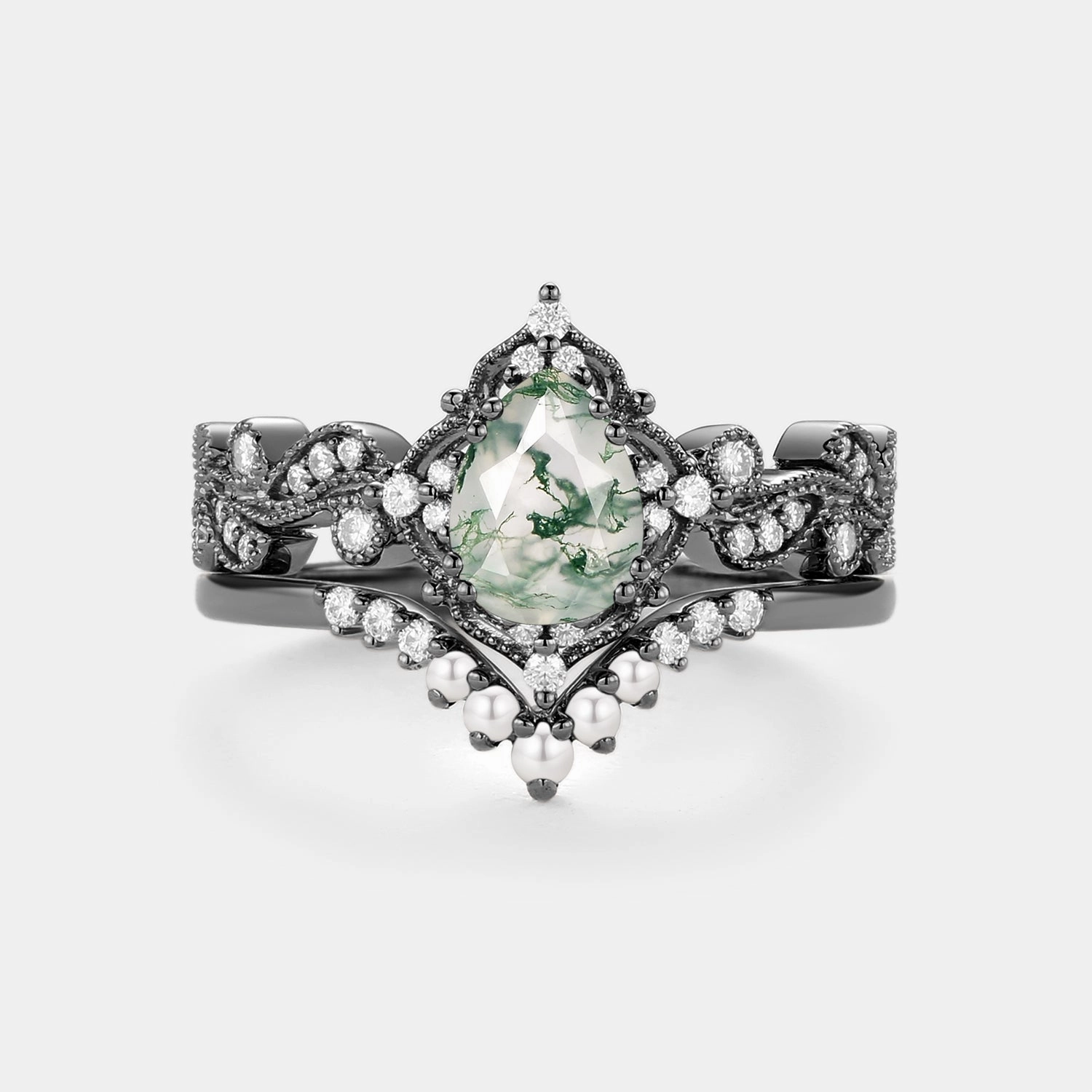 Beauty Element Vogue Accent Black Gold Pear Shaped Moss Agate & Pearl Engagement Ring Set 2pcs - Harper