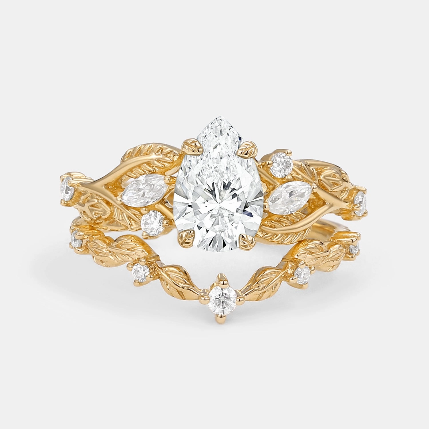 Masculine Bold Nature Inspired Vintage Leafy Pear Cut Lab Grown Diamond Leafy Ring Set 2pcs