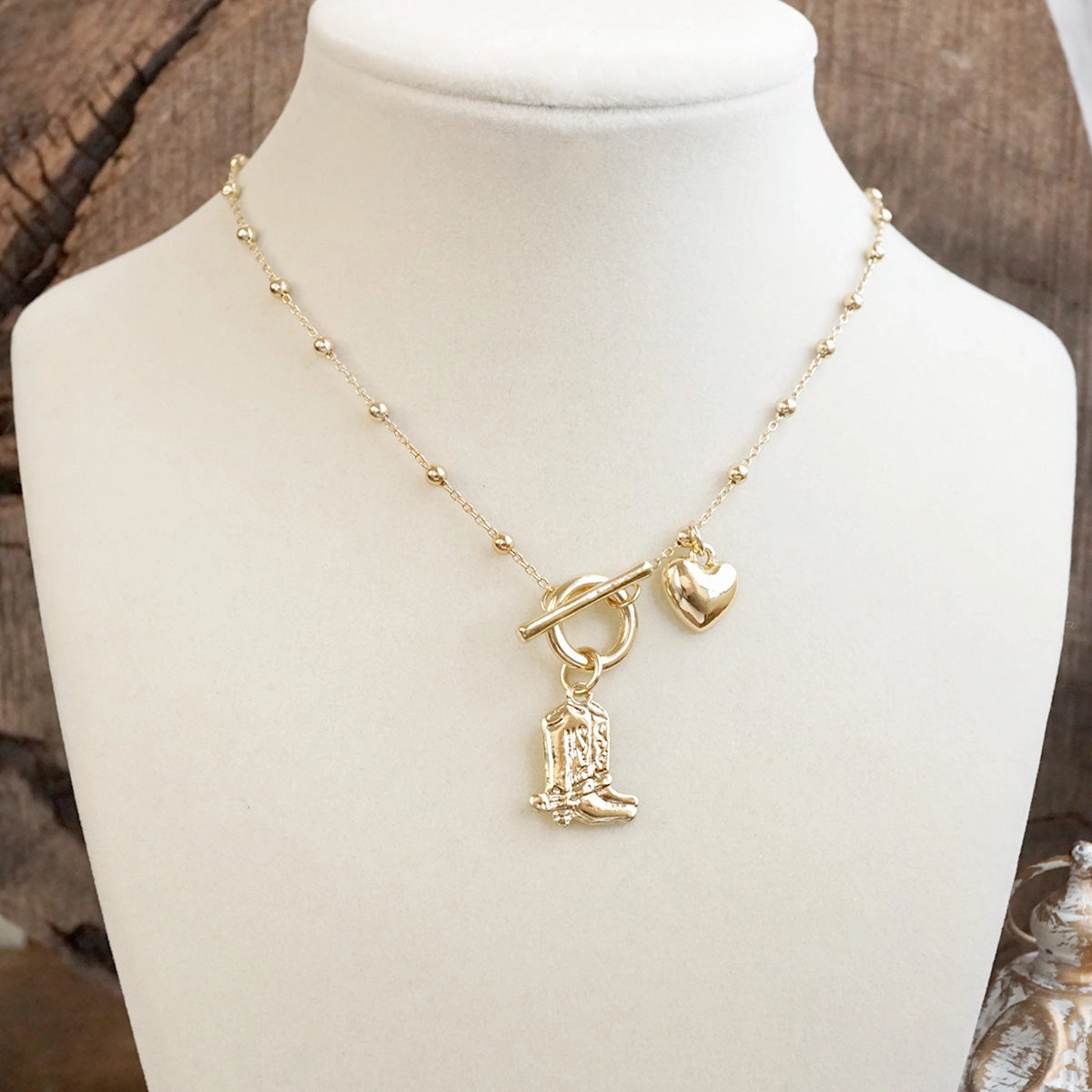 Stylish Style Perennial Piece Cowgirl Charm ?C Dainty Boots & Heart Necklace in Gold