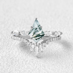 Elegant Finish Marquise Staccato Kite Cut Moss Agate Engagement Ring Set 2pcs