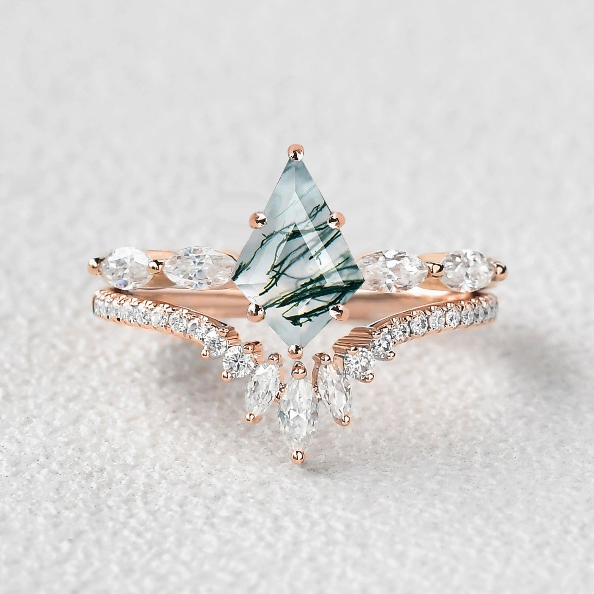 Marquise Staccato Kite Cut Moss Agate Engagement Ring Set 2pcs Radiant Charm