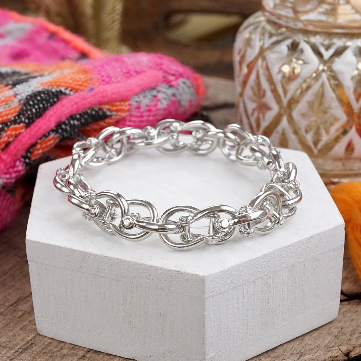 Exactly Worth Expressive Style Bold Links ?C Stretchy Shackle Chain Bracelet in Gold or Silver