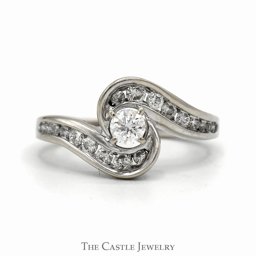 Diamond Engagement Ring .75CTTW With .25CT Round Brilliant Cut With Bypass Channel-Set Mount In 14KT White Gold All Match Style Neutral Spark