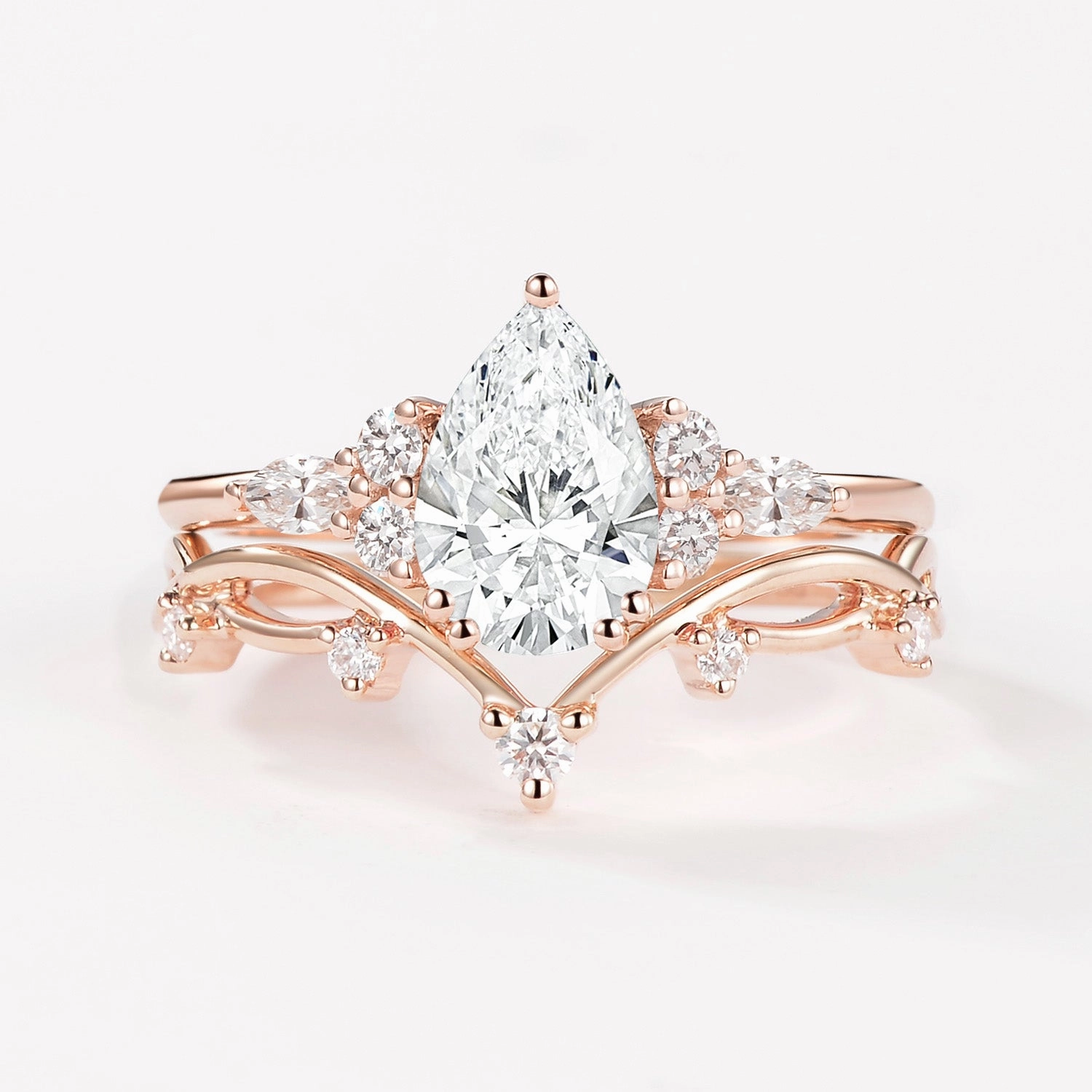 Cool Fit Soft Match 1.0ct Pear Lab Grown Diamond Leafy Ring Set 2pcs - Ona