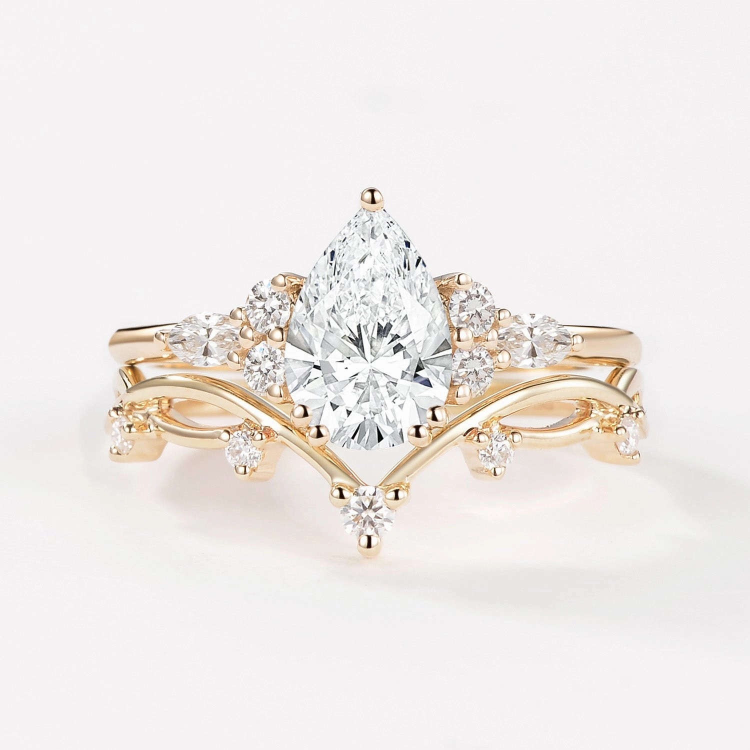 1.0ct Pear Lab Grown Diamond Leafy Ring Set 2pcs - Ona Sparkle Ready