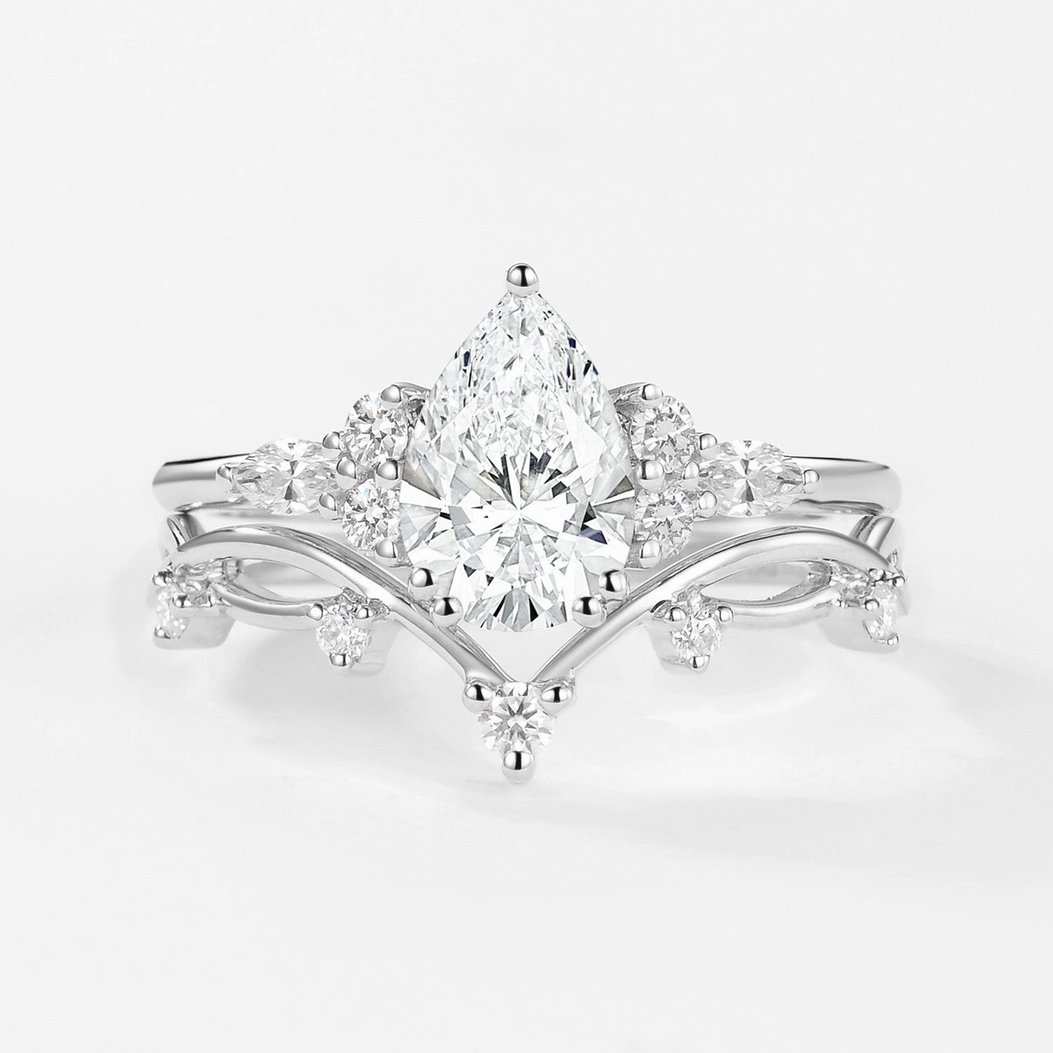 Brilliant Piece 1.0ct Pear Lab Grown Diamond Leafy Ring Set 2pcs - Ona