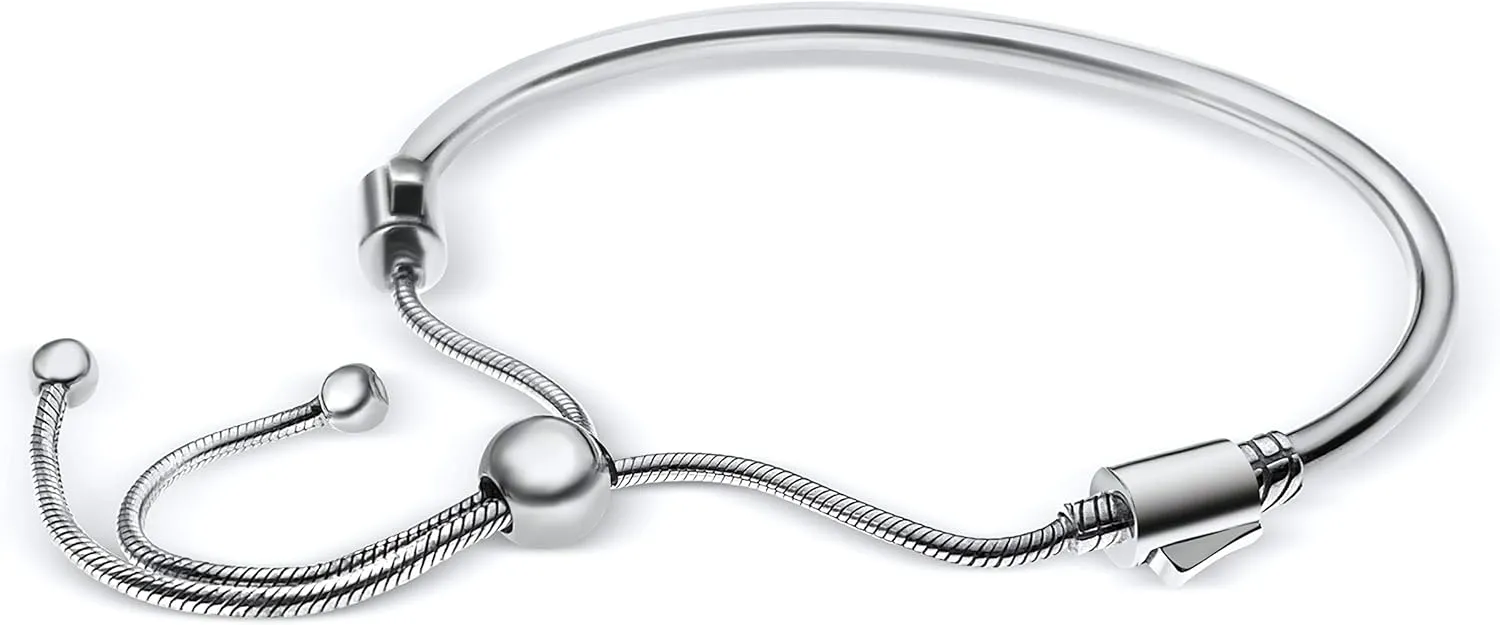Bolenvi European Charm Bracelet - Adjustable 3mm 925 Sterling Silver Snake Chain for Charms, Compatible with Pandora Beads & Pendants - Clip On/Off Sliding Bracelet