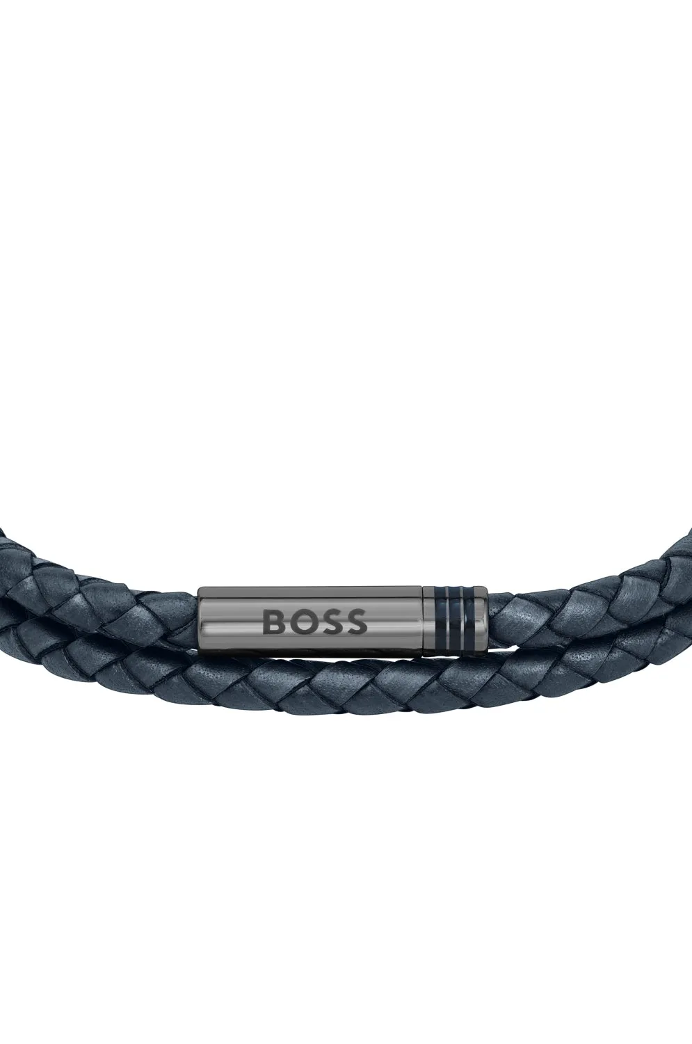 Boss Ares Navy Blue Leather Double Wrap Bracelet with Magnetic Closure