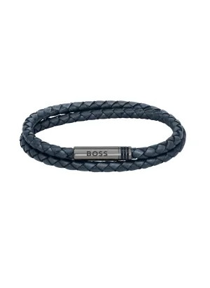 Boss Ares Navy Blue Leather Double Wrap Bracelet with Magnetic Closure
