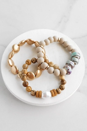 Bracelet Stack of 3 pieces Neutrals Wood Metal and Jasper Stone beads Sought After