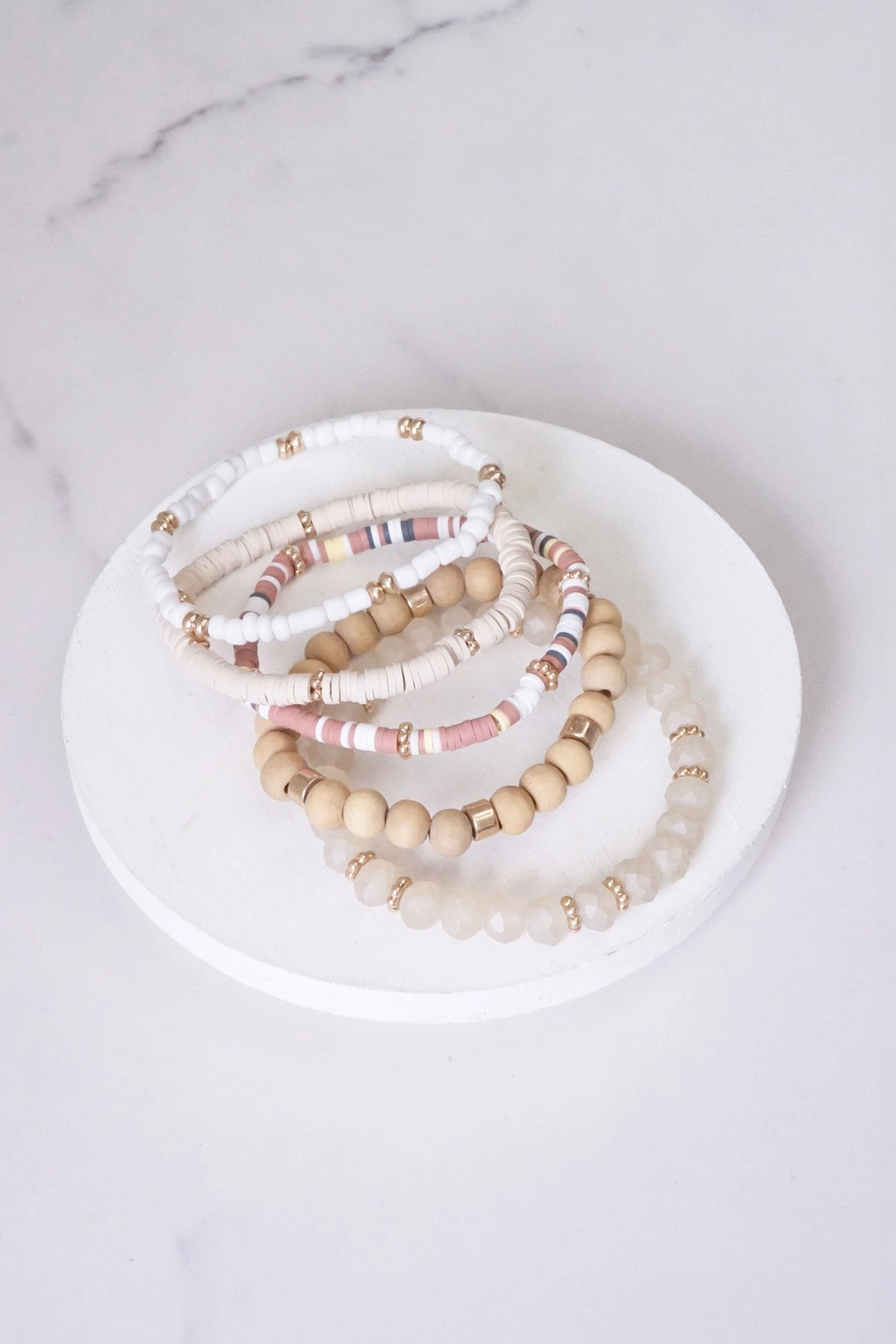 Summer Neutrals Cream Beige White stack clay glass wood beads bracelets set Fortunate Find Storybook Style