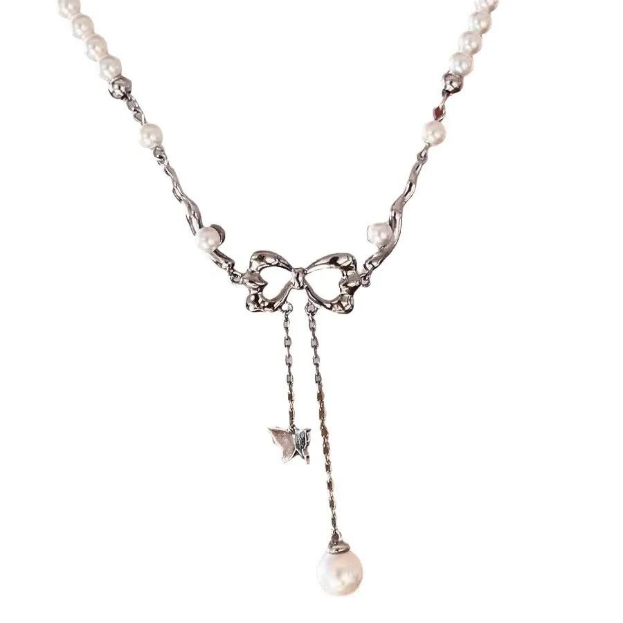 Bow Pearl  Tassel Collarbone Necklace