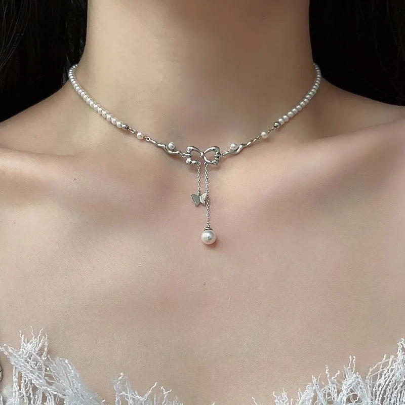 Bow Pearl  Tassel Collarbone Necklace