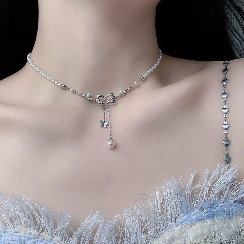 Bow Pearl  Tassel Collarbone Necklace