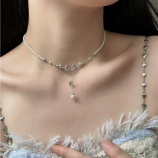 Bow Pearl  Tassel Collarbone Necklace