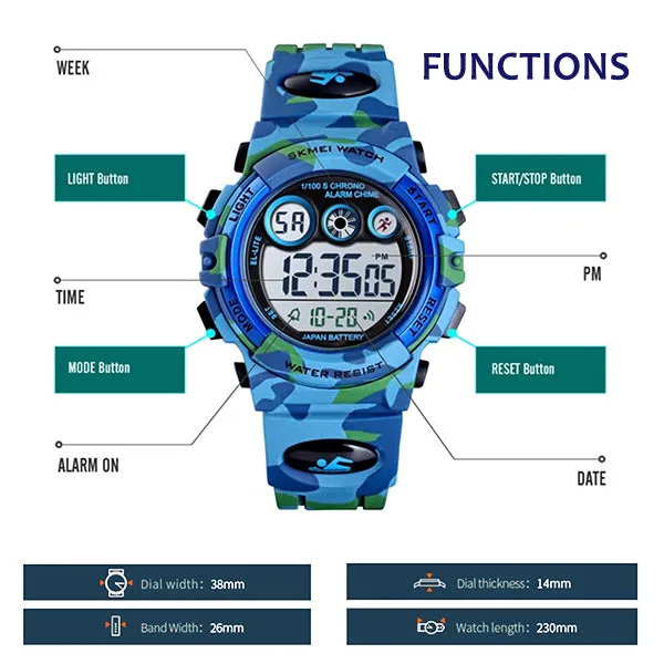 Boys Digital Military Sports Watch, 50M Water Resistant, 7 to 11 year olds, w Gift Box
