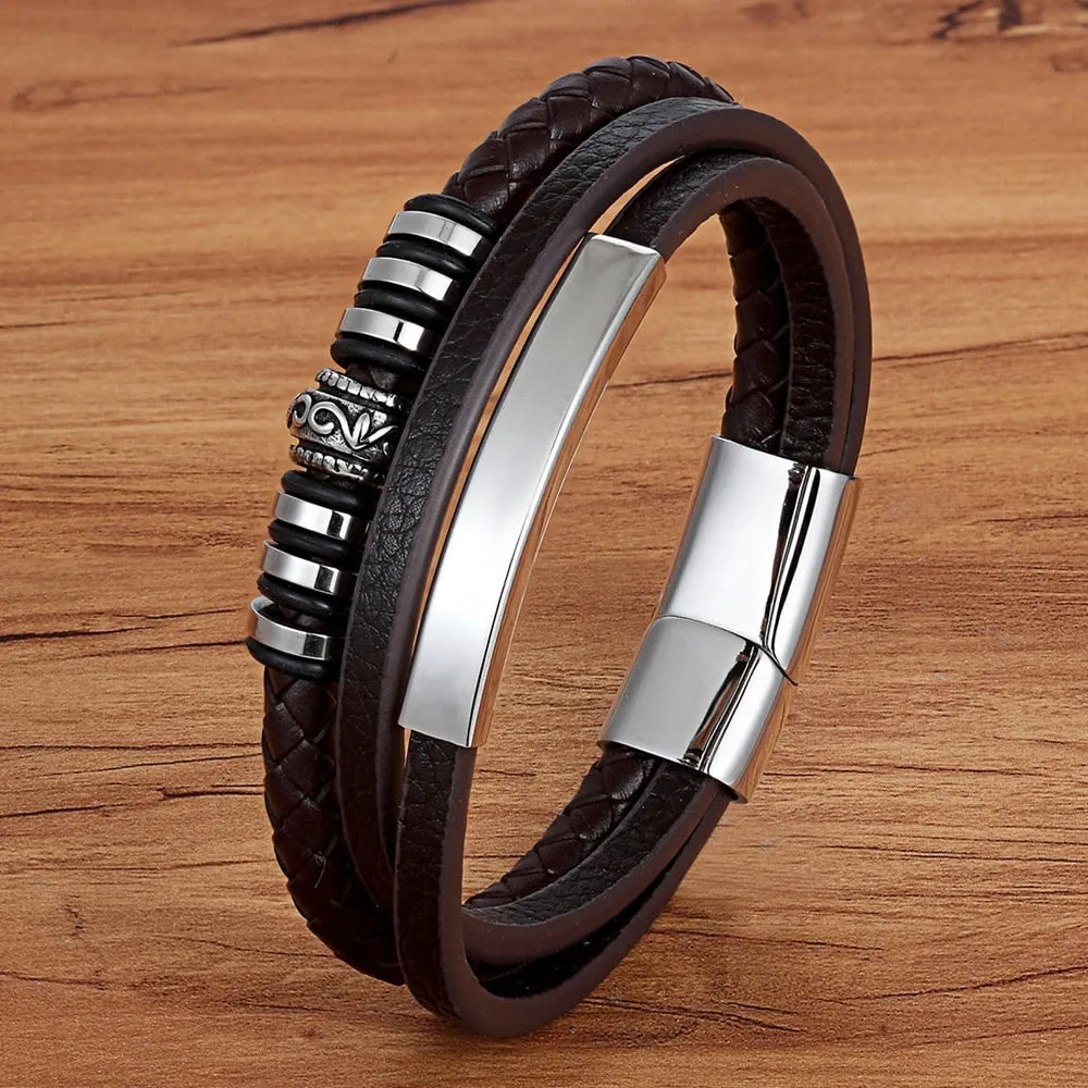 Bracelet for Men Multilayer Genuine Leather Bangles Magnetic Clasp