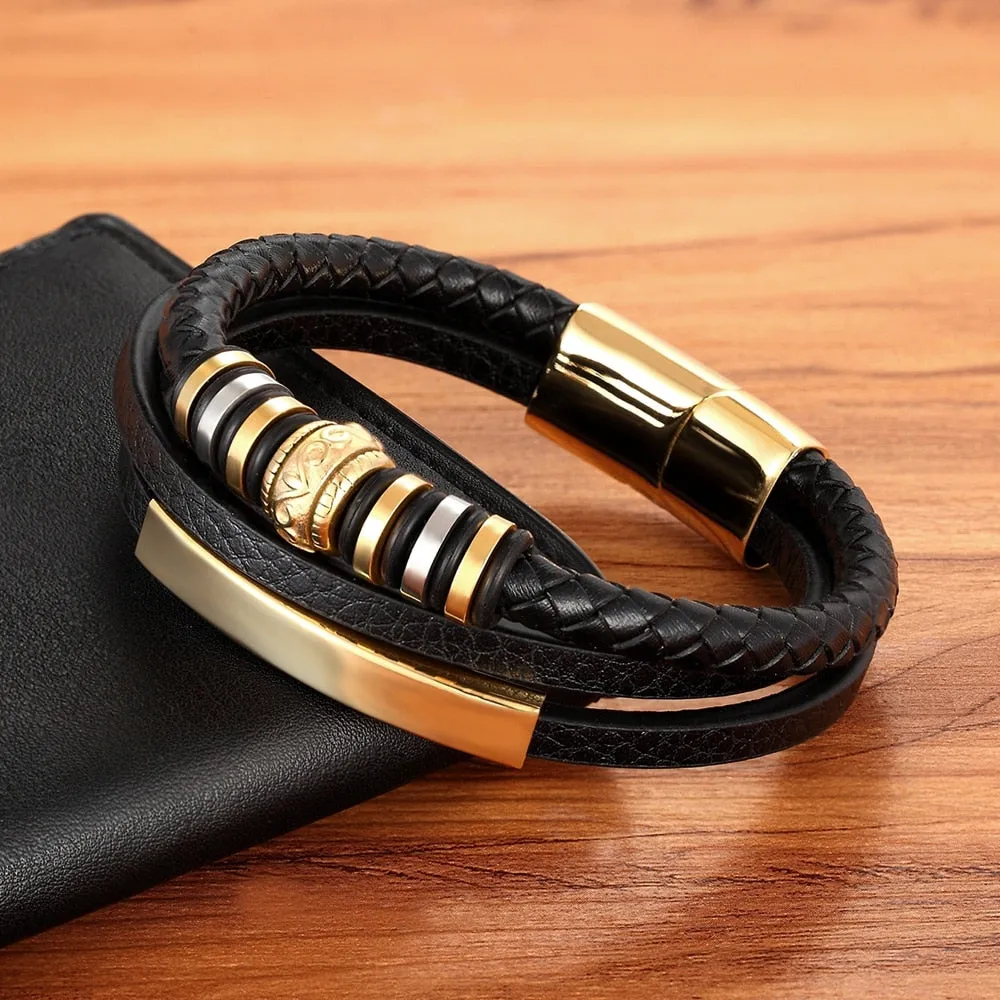 Bracelet for Men Multilayer Genuine Leather Bangles Magnetic Clasp