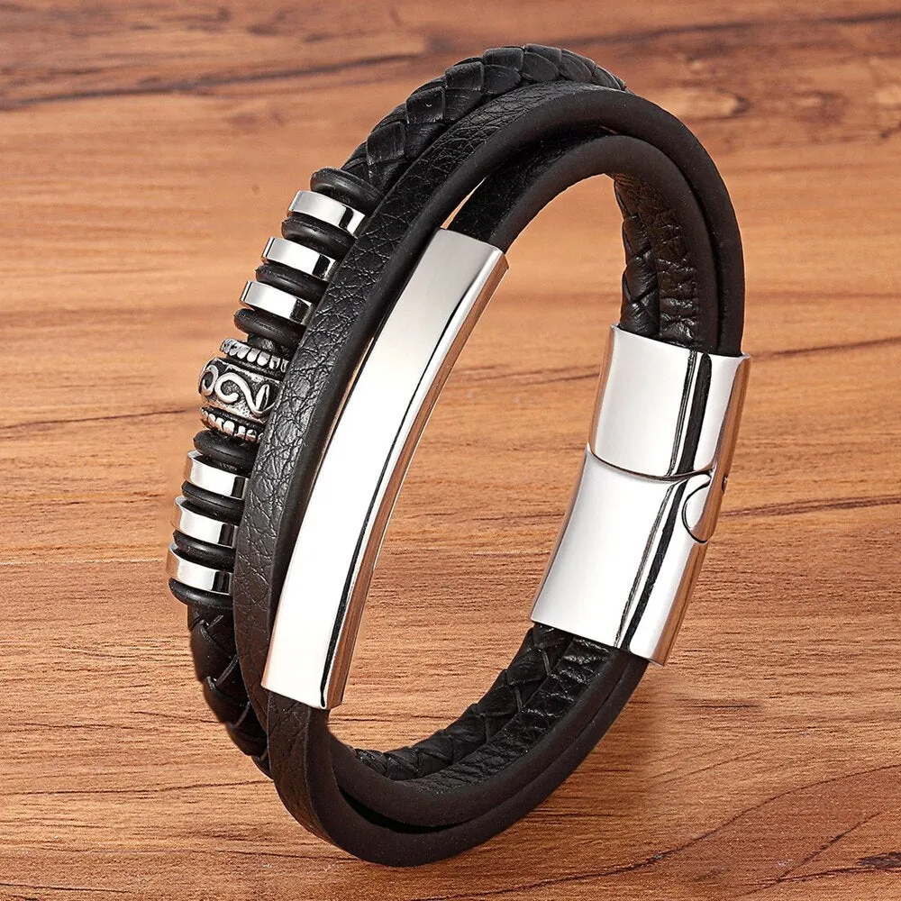 Bracelet for Men Multilayer Genuine Leather Bangles Magnetic Clasp