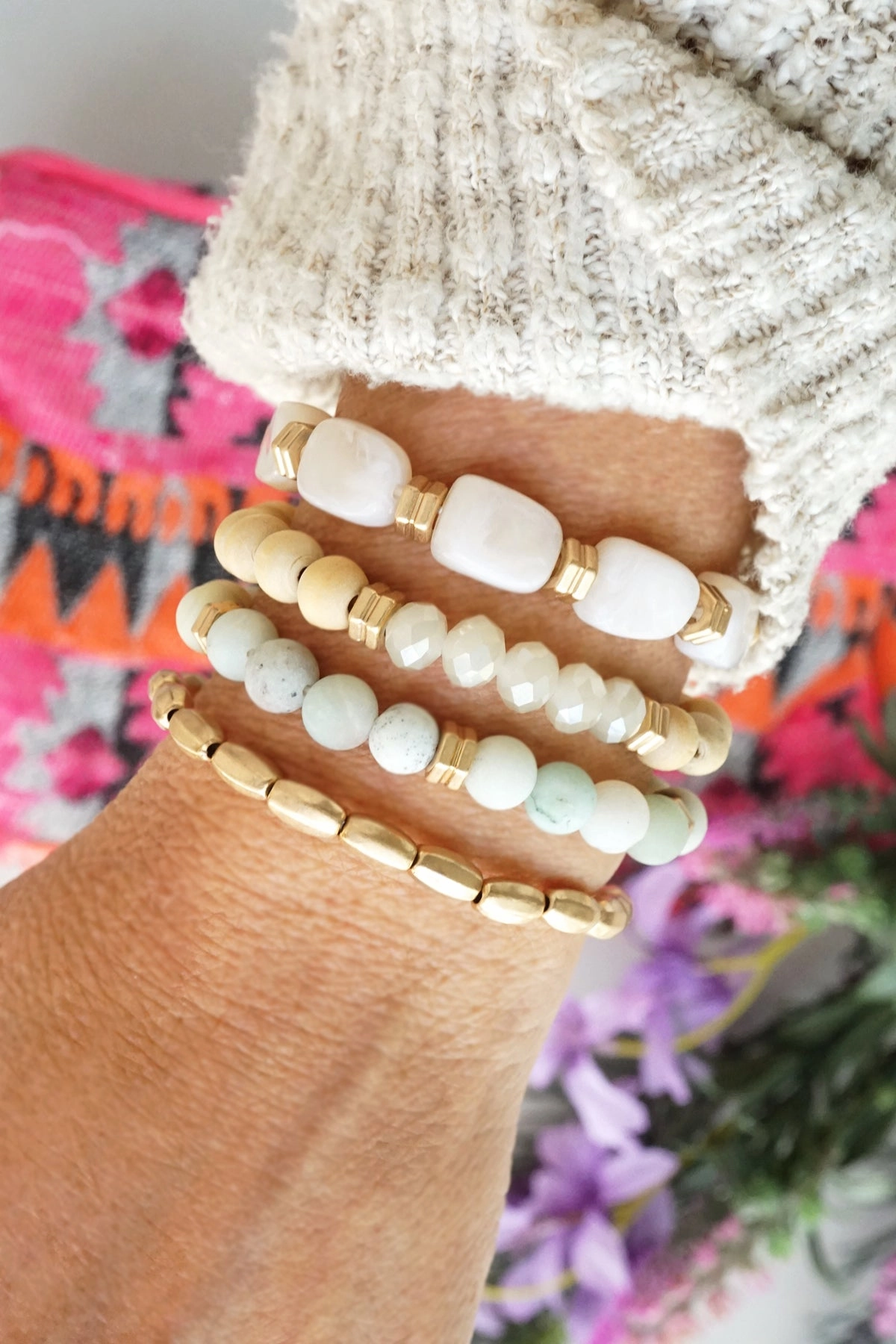 Bracelet Stack of 4 pieces Neutrals and Green Amazonite Glass Wood and Acrylic beads Gunmetal Gray Polished Finishes