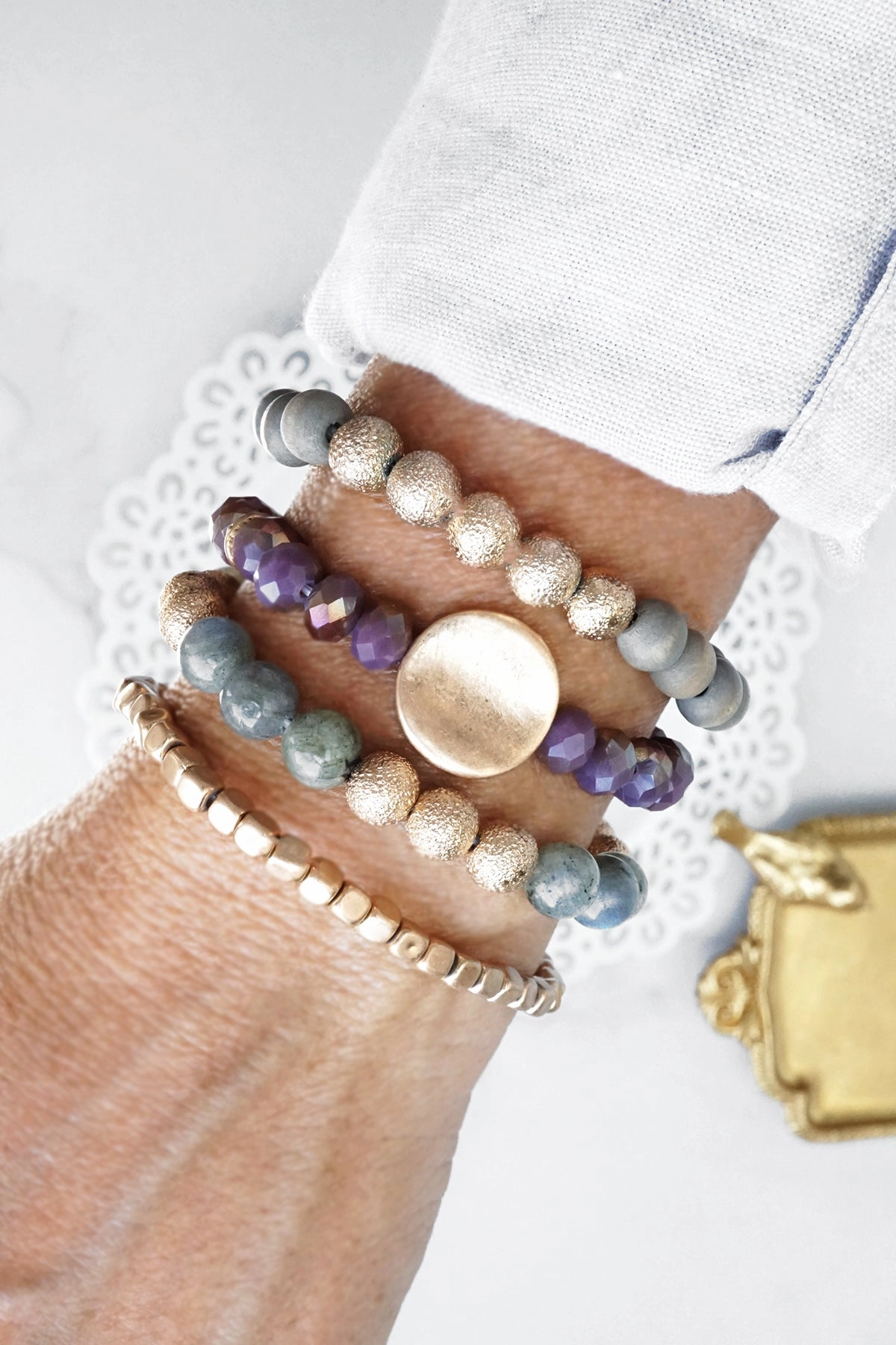 Bracelet Stack of 4 pieces purple and Gray Semi-precious glass wood and metal beads Organic Feel