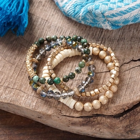 Tropical Touch Bracelets stack of 4 piece beaded with Dark Green Semi Precious stones glass wooden and golden beads