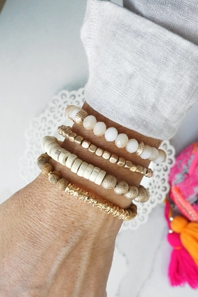Ultimate Choice Handcrafted Details Bracelets stack of 4 piece beaded with Neutral Brown Semi Precious stones glass wooden and golden beads