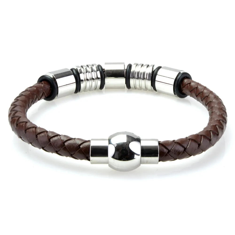 Braided Brown Leather Mens Bracelet 6 MM 8.50 Inches with Stainless Steel Magnetic Clasp