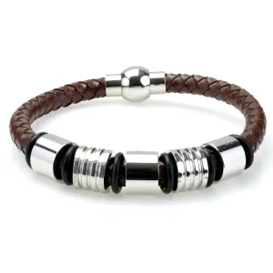 Braided Brown Leather Mens Bracelet 6 MM 8.50 Inches with Stainless Steel Magnetic Clasp