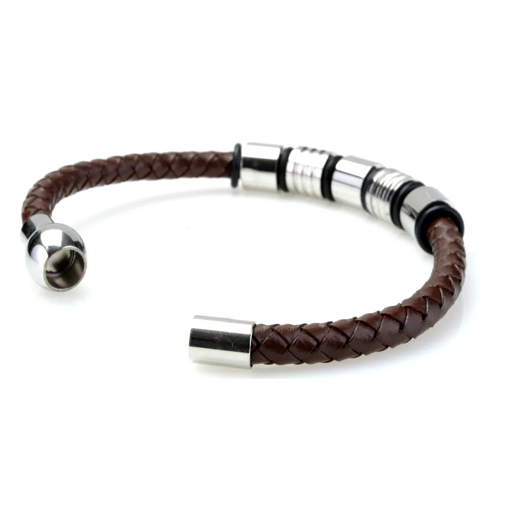 Braided Brown Leather Mens Bracelet 6 MM 8.50 Inches with Stainless Steel Magnetic Clasp