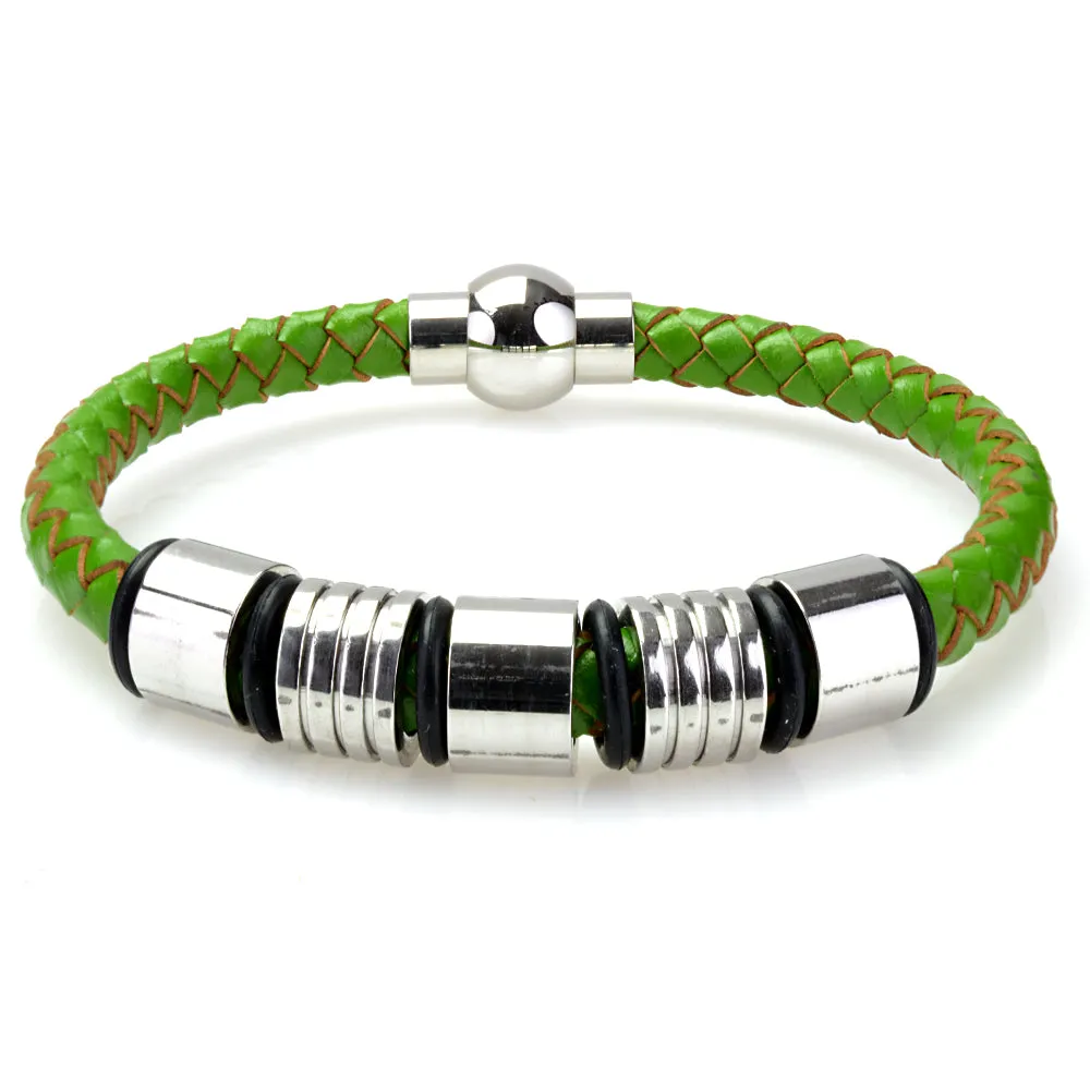 Braided Green Leather Mens Bracelet 6 MM 8.50 Inches with Stainless Steel Magnetic Clasp