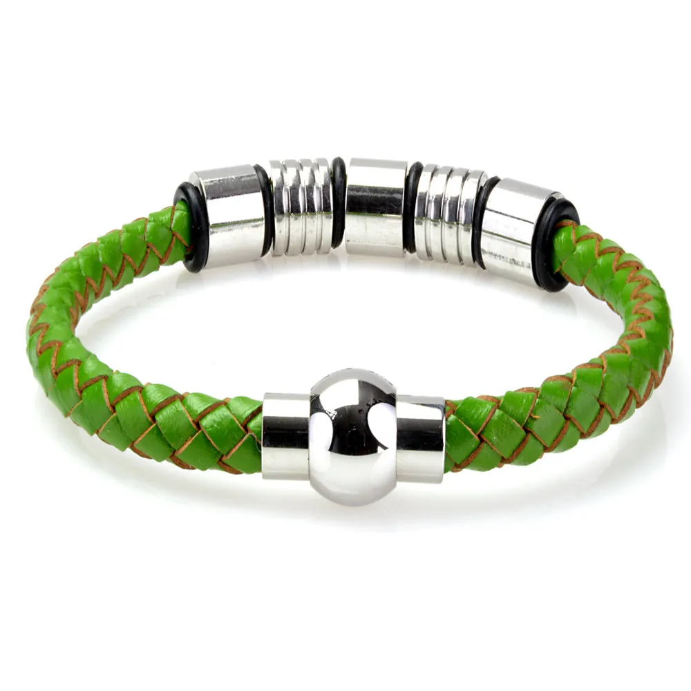 Braided Green Leather Mens Bracelet 6 MM 8.50 Inches with Stainless Steel Magnetic Clasp