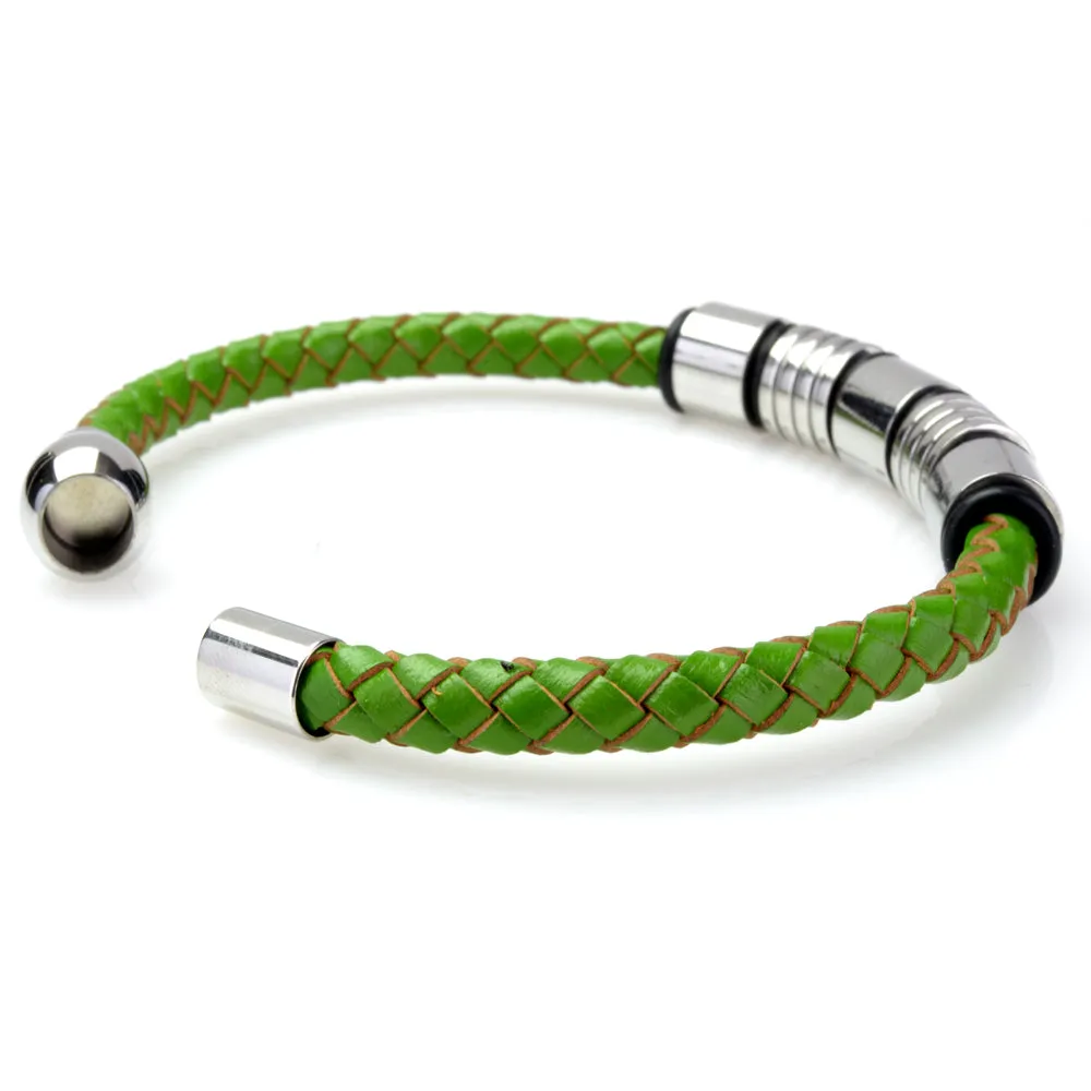 Braided Green Leather Mens Bracelet 6 MM 8.50 Inches with Stainless Steel Magnetic Clasp
