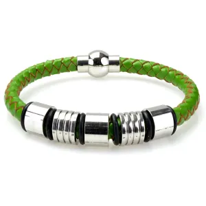 Braided Green Leather Mens Bracelet 6 MM 8.50 Inches with Stainless Steel Magnetic Clasp