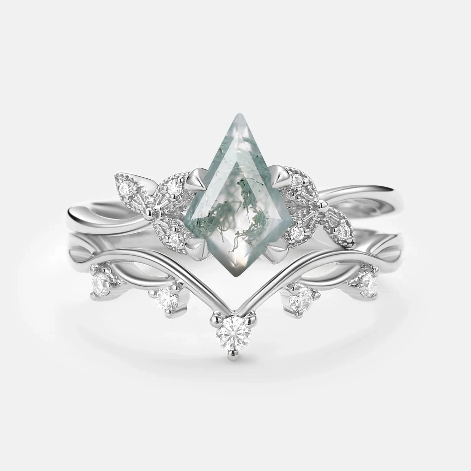 Branch & Leafy Kite Shape Moss Agate Engagement Ring Sets 2pcs - Rachel Chic Gift