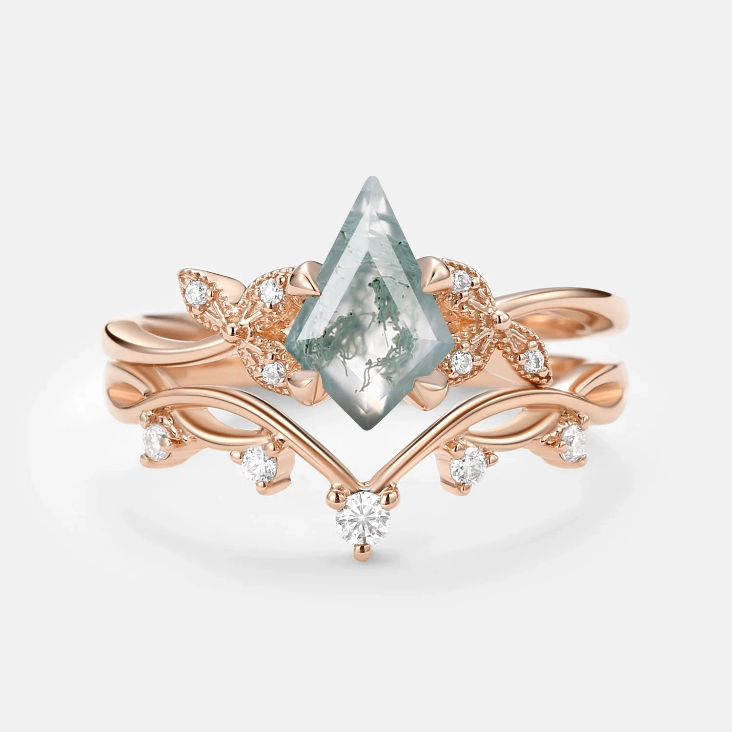 Dressed Look Branch & Leafy Kite Shape Moss Agate Engagement Ring Sets 2pcs - Rachel