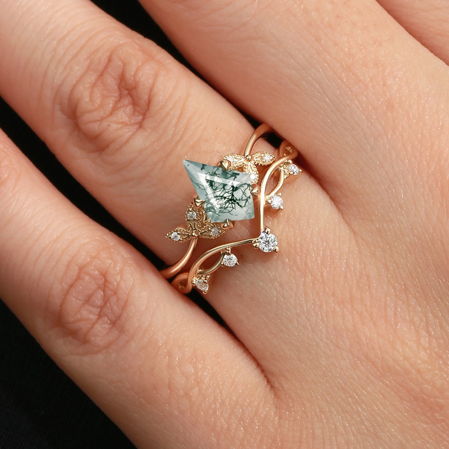 Stylish Twist Bridal Look Branch & Leafy Kite Shape Moss Agate Engagement Ring Sets 2pcs - Rachel