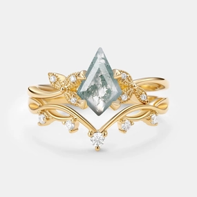 Minimal Charm Timeless Spark Branch & Leafy Kite Shape Moss Agate Engagement Ring Sets 2pcs - Rachel