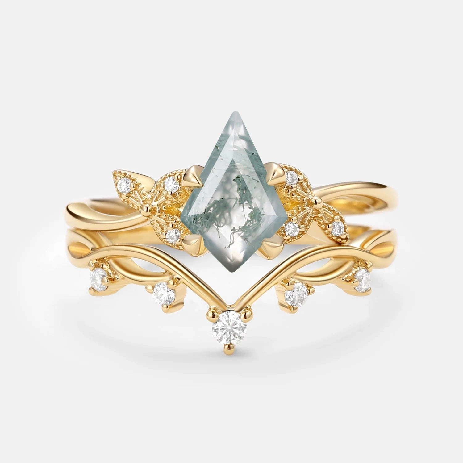 Minimal Charm Timeless Spark Branch & Leafy Kite Shape Moss Agate Engagement Ring Sets 2pcs - Rachel