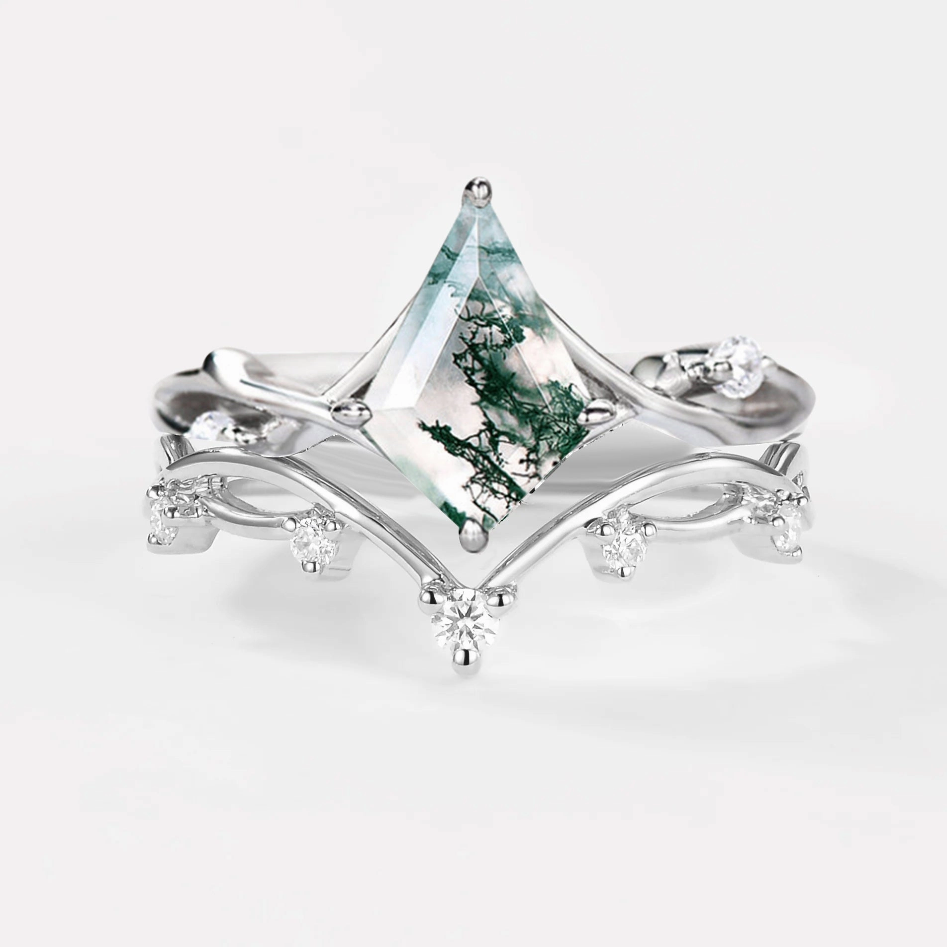Branch Kite Shape Natural Moss Agate Engagement Ring Sets 2pcs Elegant Style Pieces Luxe Mood
