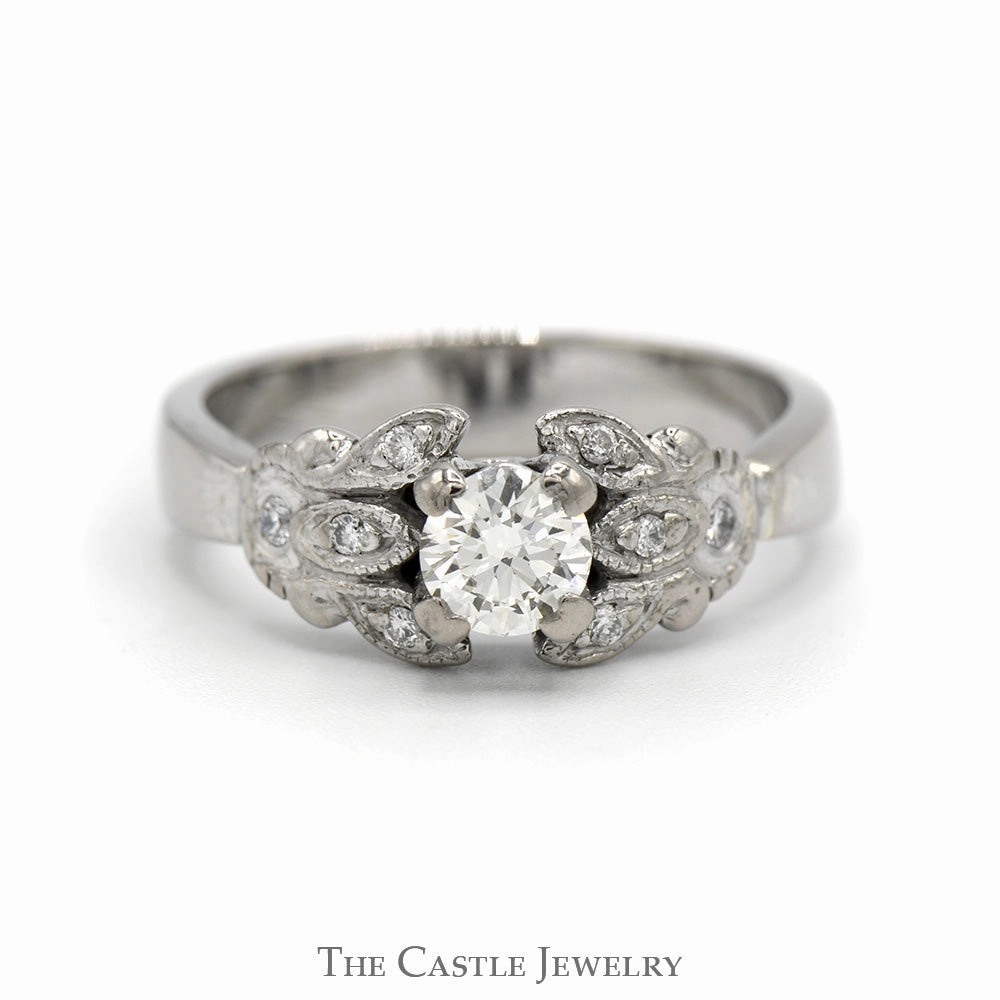 1/2ct Diamond Engagement Ring with Diamond Accented Floral Design in 10k White Gold Economical Item Couple Gift