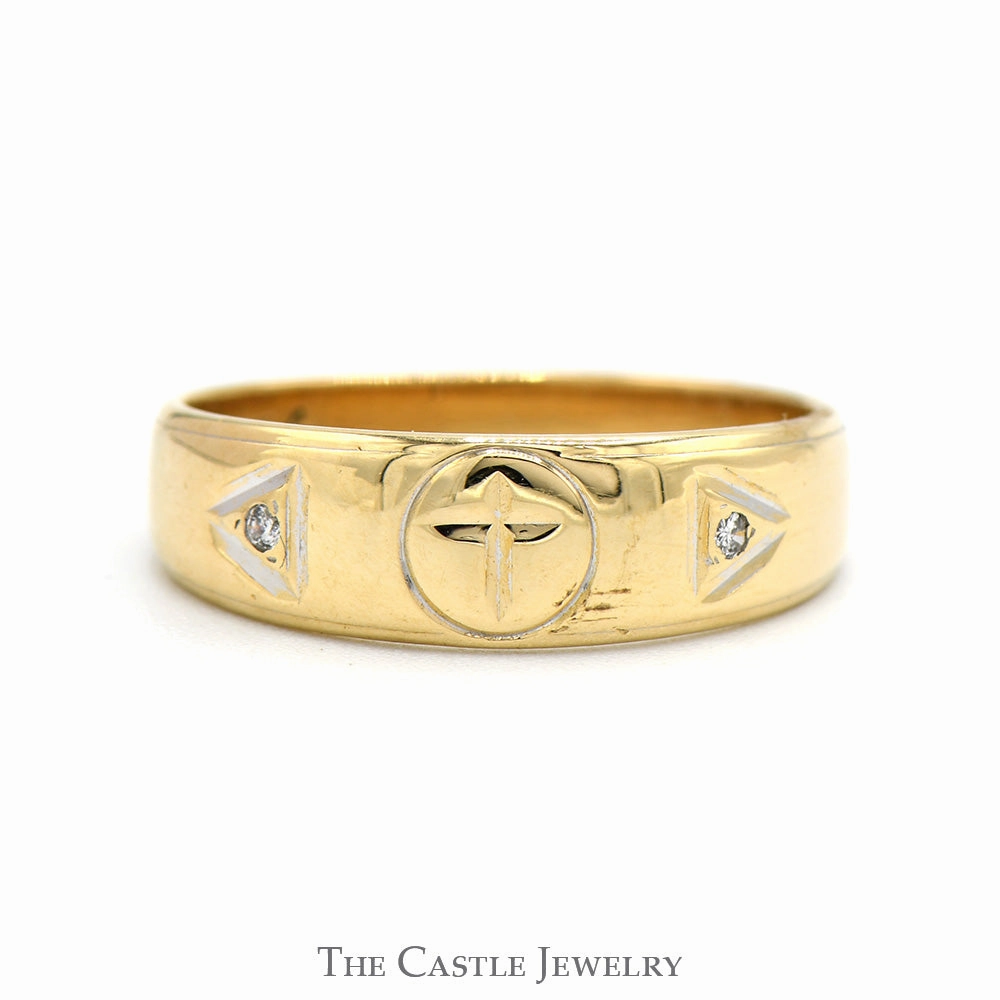 Engraved Cross Designed Band with Diamond Accented Sides in 14k Yellow Gold Cold resistant