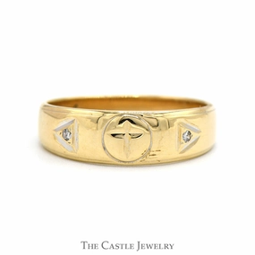 Engraved Cross Designed Band with Diamond Accented Sides in 14k Yellow Gold Cold resistant