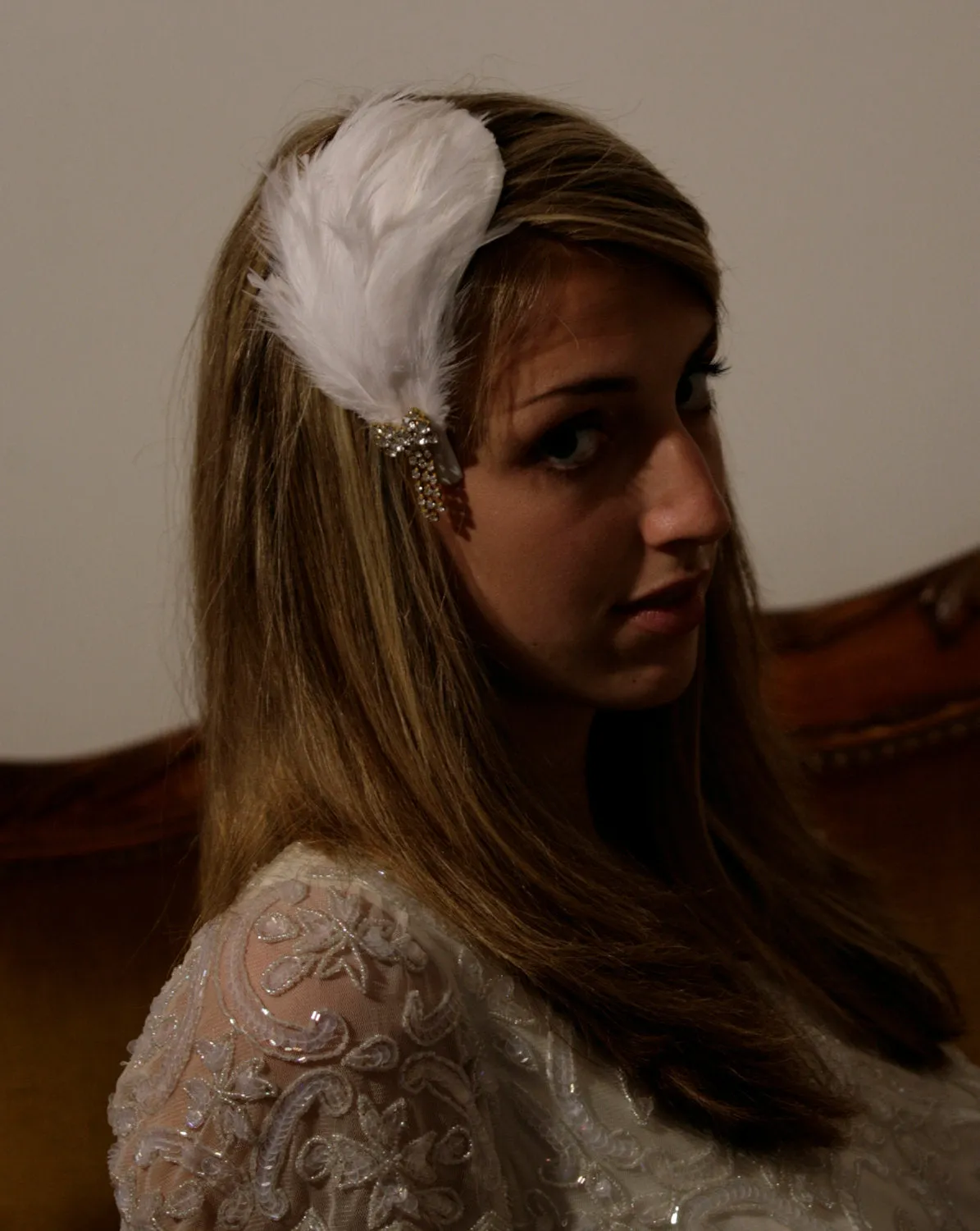 Bridal  white feather Fascinator with Vintage Brooch