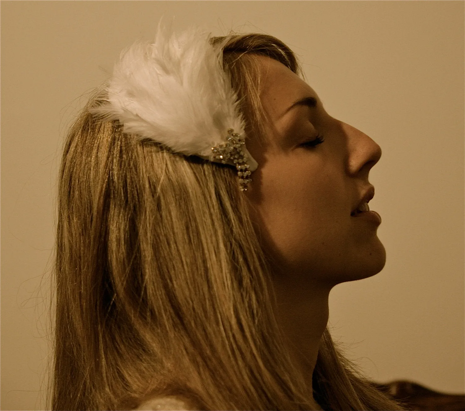 Bridal  white feather Fascinator with Vintage Brooch