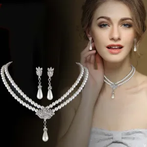 Bride Pearl Crystal With Short Collarbone Neck Necklace Set