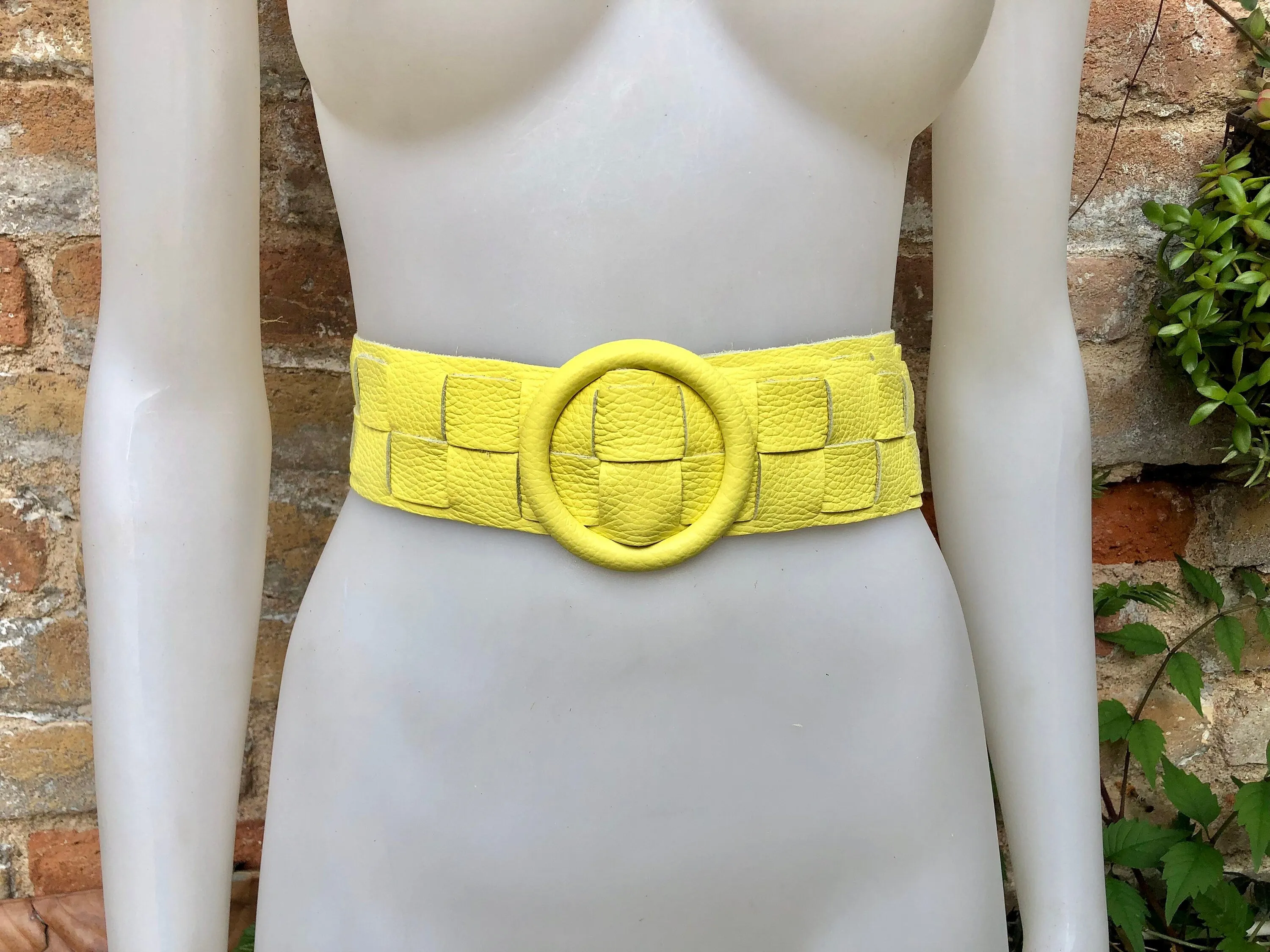 Bright yellow leather waist belt with large round buckle. Boho soft genuine leather belt in yellow. Wide waist belt. Braided leather