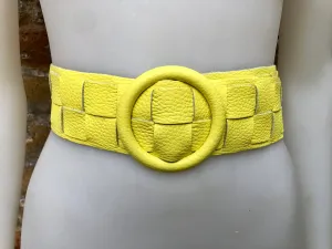 Bright yellow leather waist belt with large round buckle. Boho soft genuine leather belt in yellow. Wide waist belt. Braided leather
