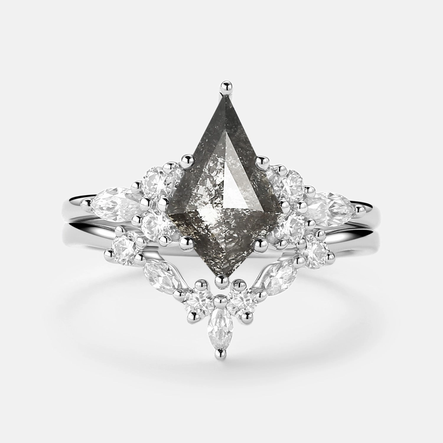Salt and Pepper Diamonds Cluster Marquise Engagement Ring Set 2pcs Modern Attire Elegant Piece